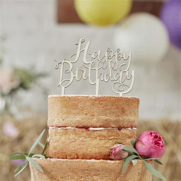 Wooden Happy Birthday Cake Topper - Boho