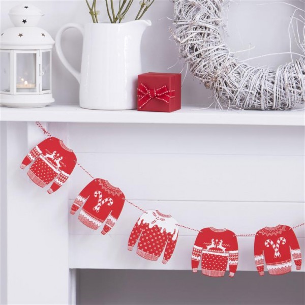 Red and White Festive Jumper Wooden Bunting - Cosy Christmas