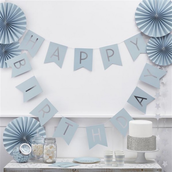Baby Blue and Silver Foil Happy Birthday Bunting - Pastel Perfection