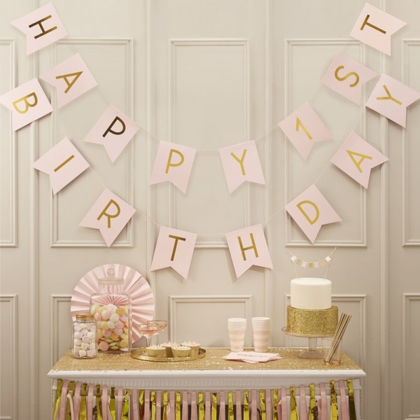 Happy First Birthday Pink & Gold Bunting - Pastel Perfection