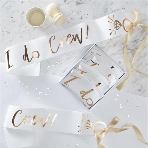 White and Gold Foiled I Do Crew Sashes - 6 Pack