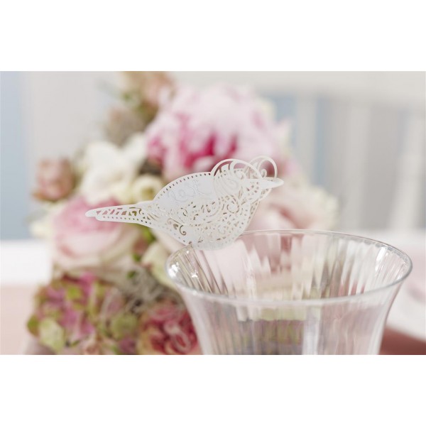 Bird Place Card For Glass - White - Vintage Lace
